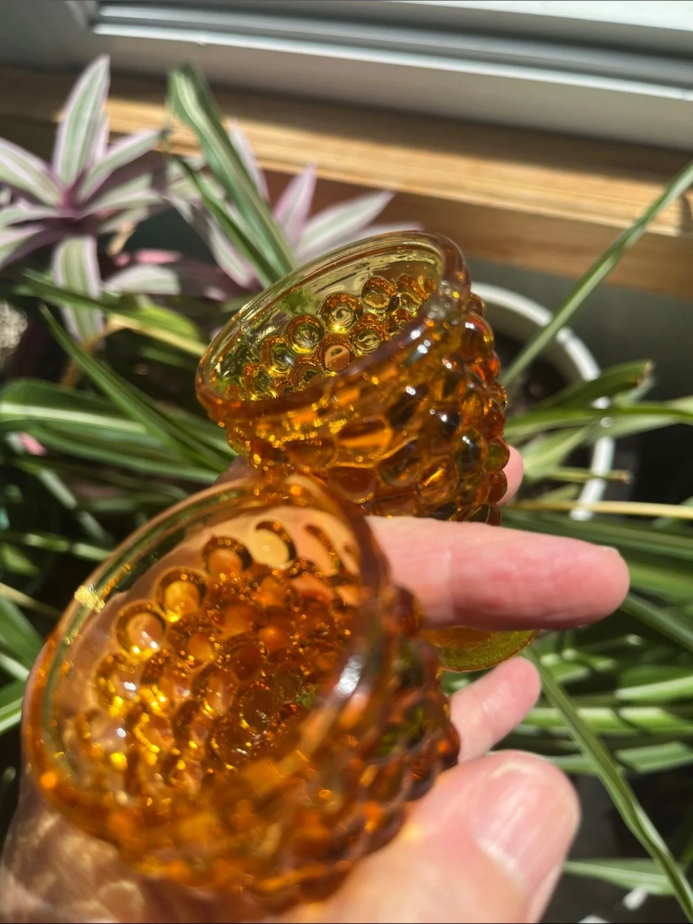 Pair Vtg Amber Glass Hobnail Shot Or Cordial Glasses MCM Bar Taiwan *READ*